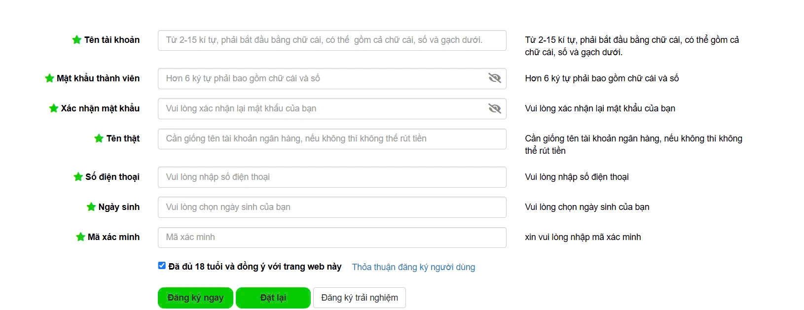 Thông tin đăng ký tài khoản